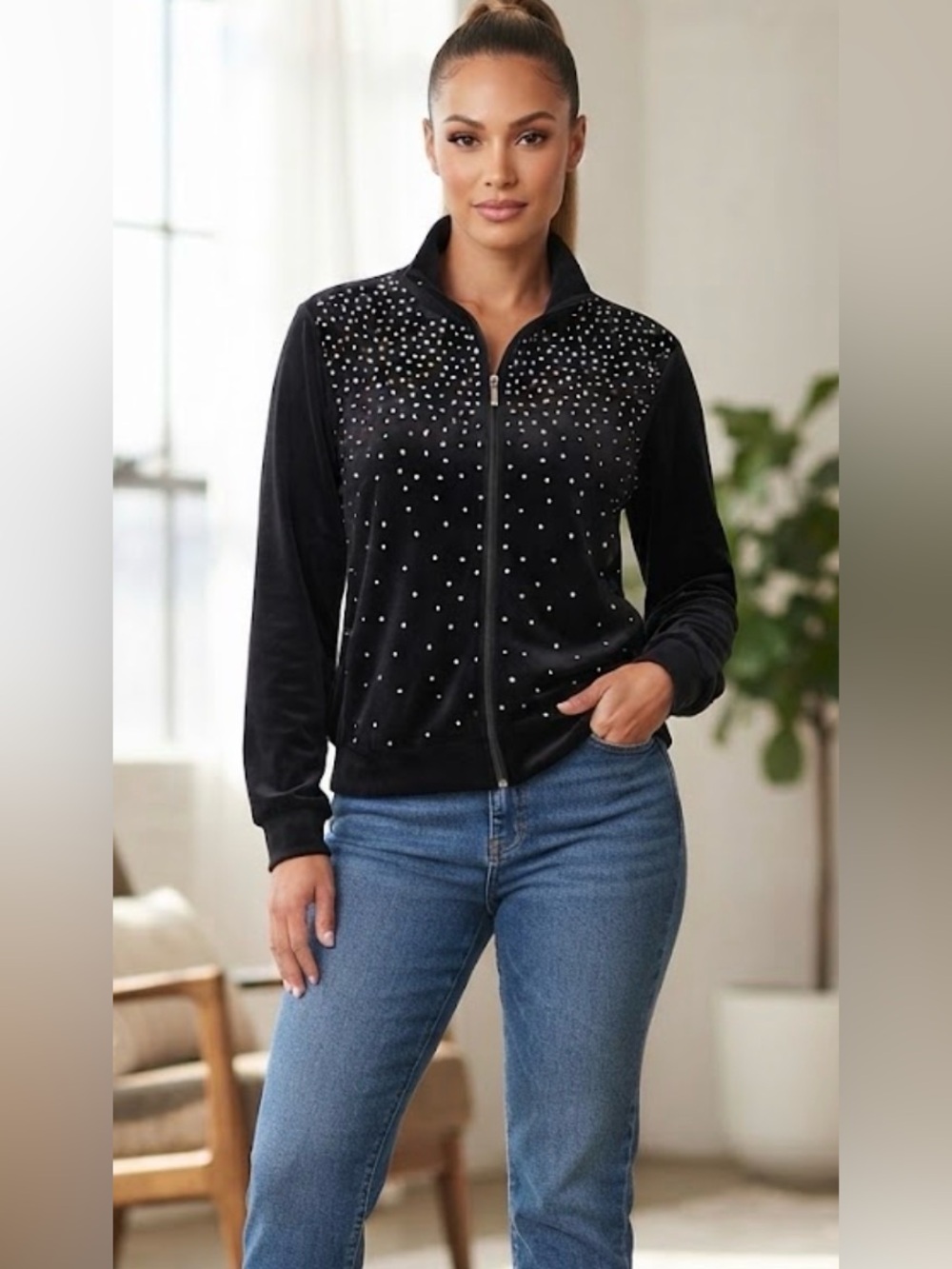 Anthony Richards Black Rhinestone Studded Velour Full Zip Track Jacket Large